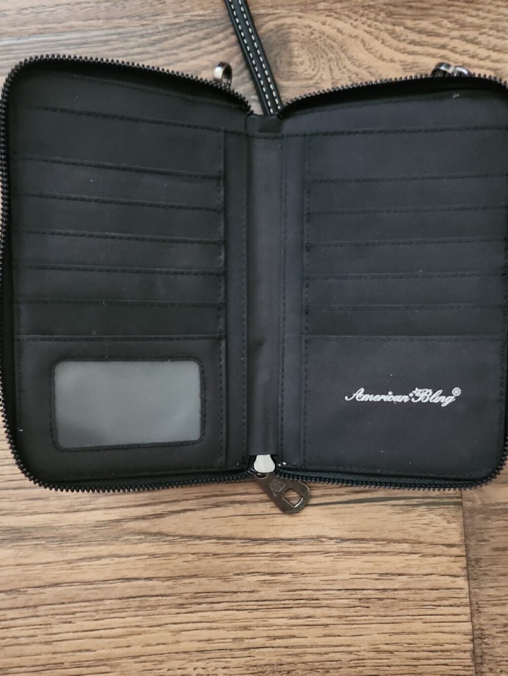 Black Embroidered Crossbody Wallet Bag with Silver Accents - Picture 5 of 6